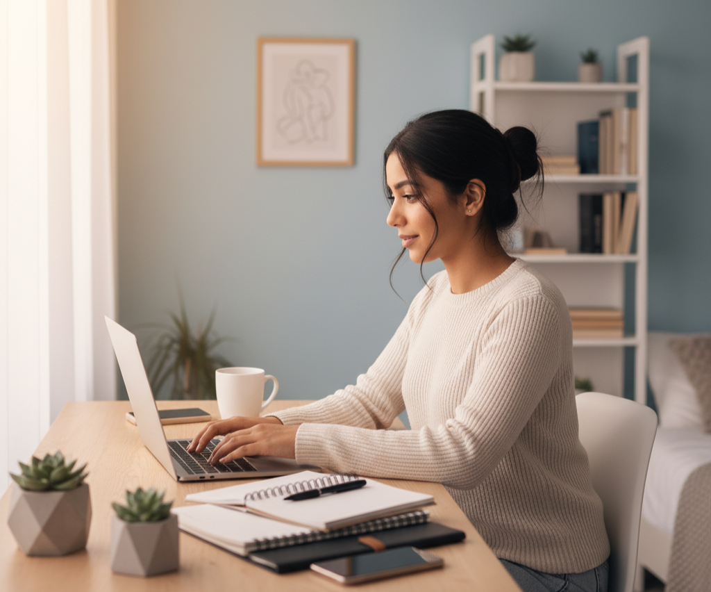 Woman working on a laptop at a desk with notebooks and a coffee mug, studying web development courses